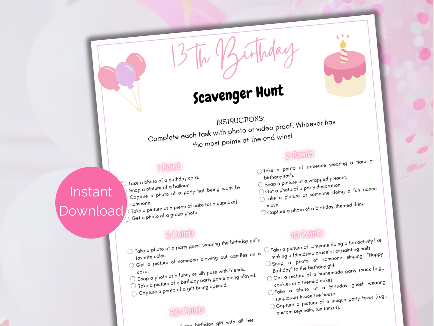 Editable 13th Birthday Scavenger Hunt