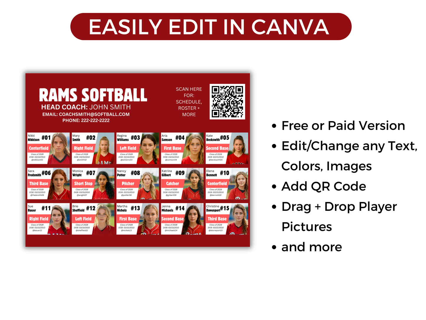 Editable 15 Player Team Roster Template