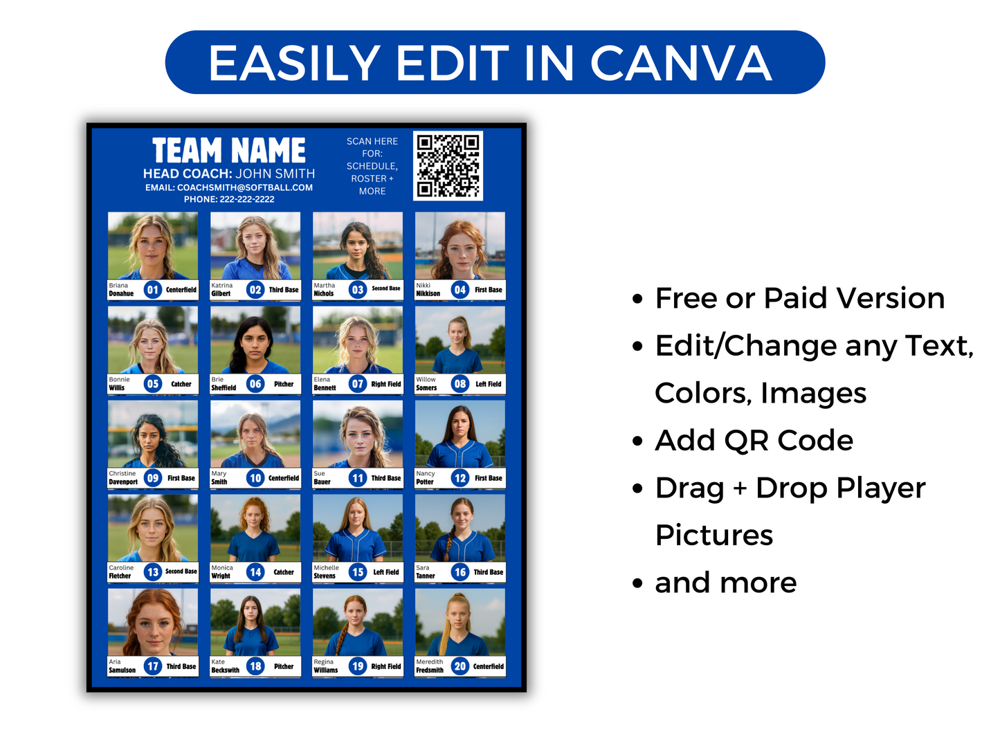 Editable  Softball Team Roster 20 Player Template