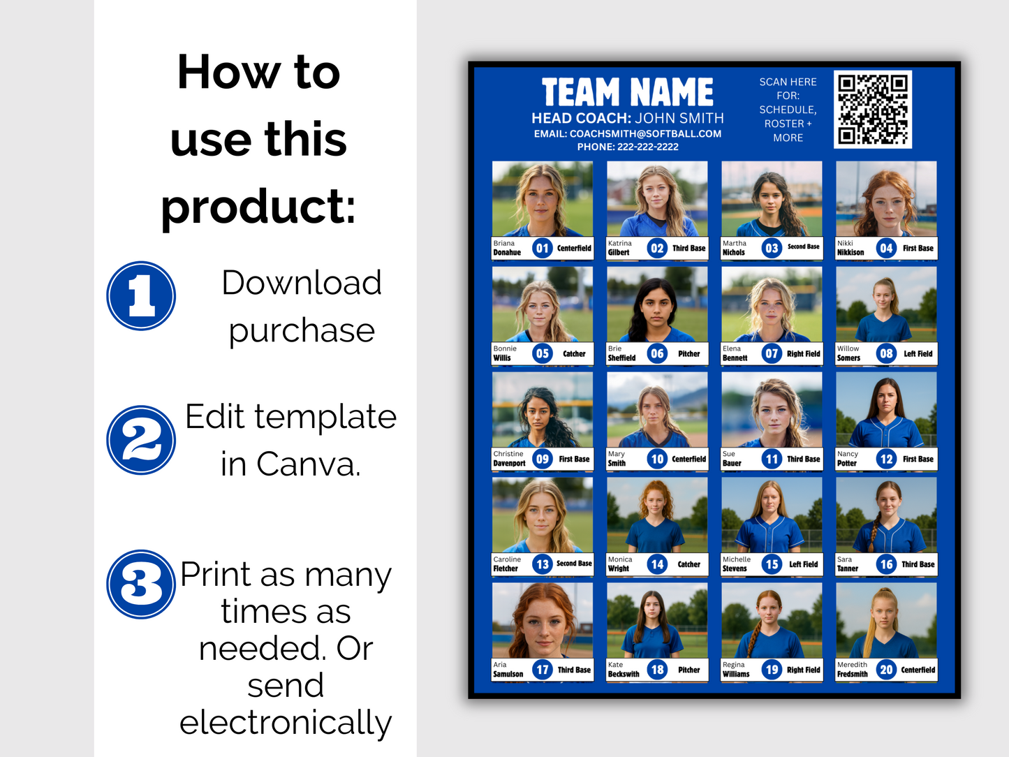 Editable  Softball Team Roster 20 Player Template