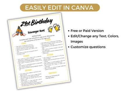 Editable 21st Birthday Scavenger Hunt