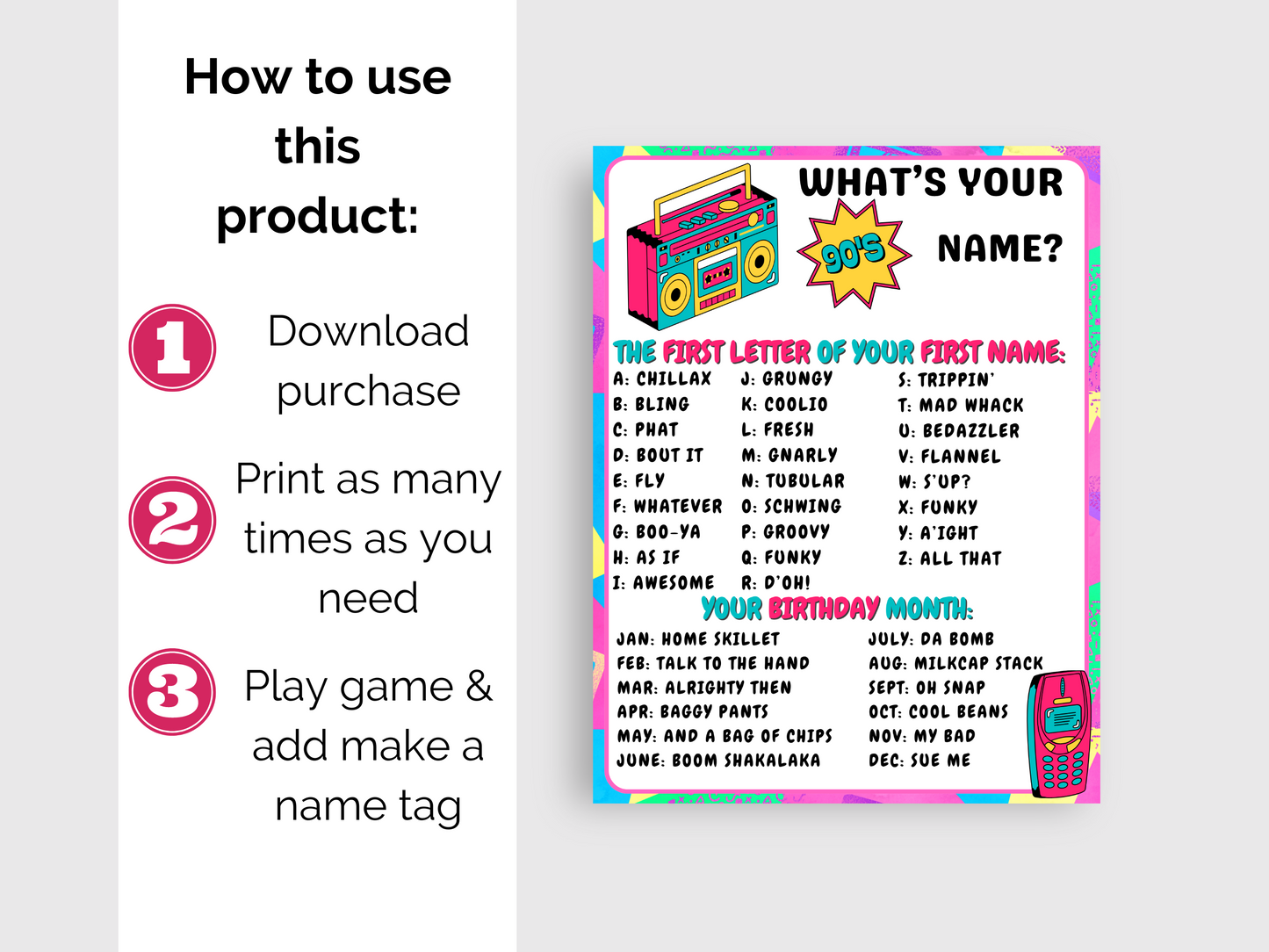 What's Your 90s Name Game + Name Tags