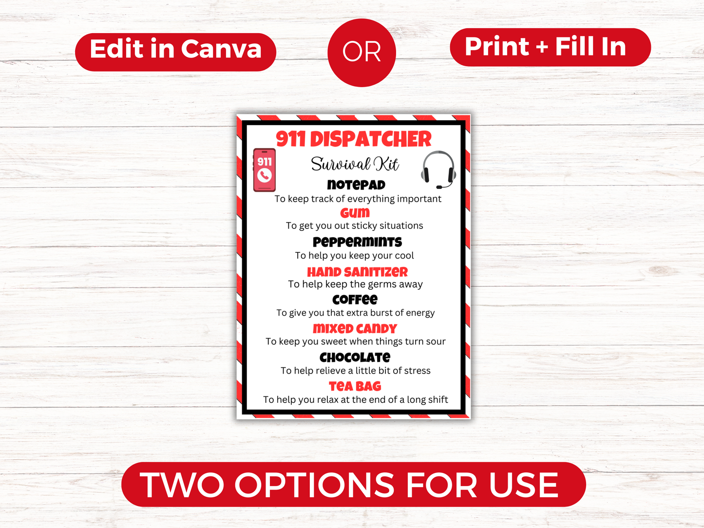Editable 911 Dispatcher Survival Kit Gift Tag