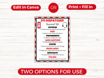 Editable 911 Dispatcher Survival Kit Gift Tag