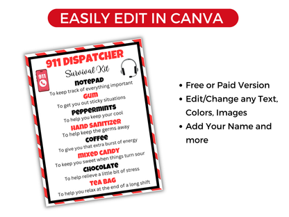 Editable 911 Dispatcher Survival Kit Gift Tag