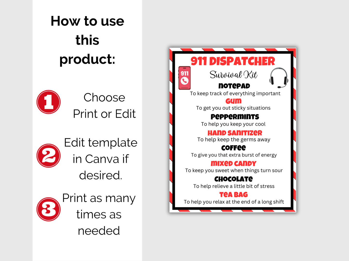 Editable 911 Dispatcher Survival Kit Gift Tag