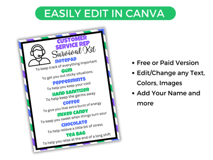 Editable Customer Service Rep Survival Kit Gift Tags