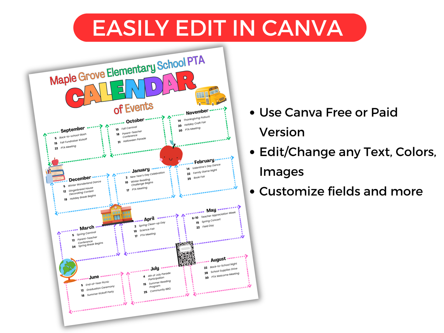 EDITABLE PTA PTO Calendar of Events Flyer Template