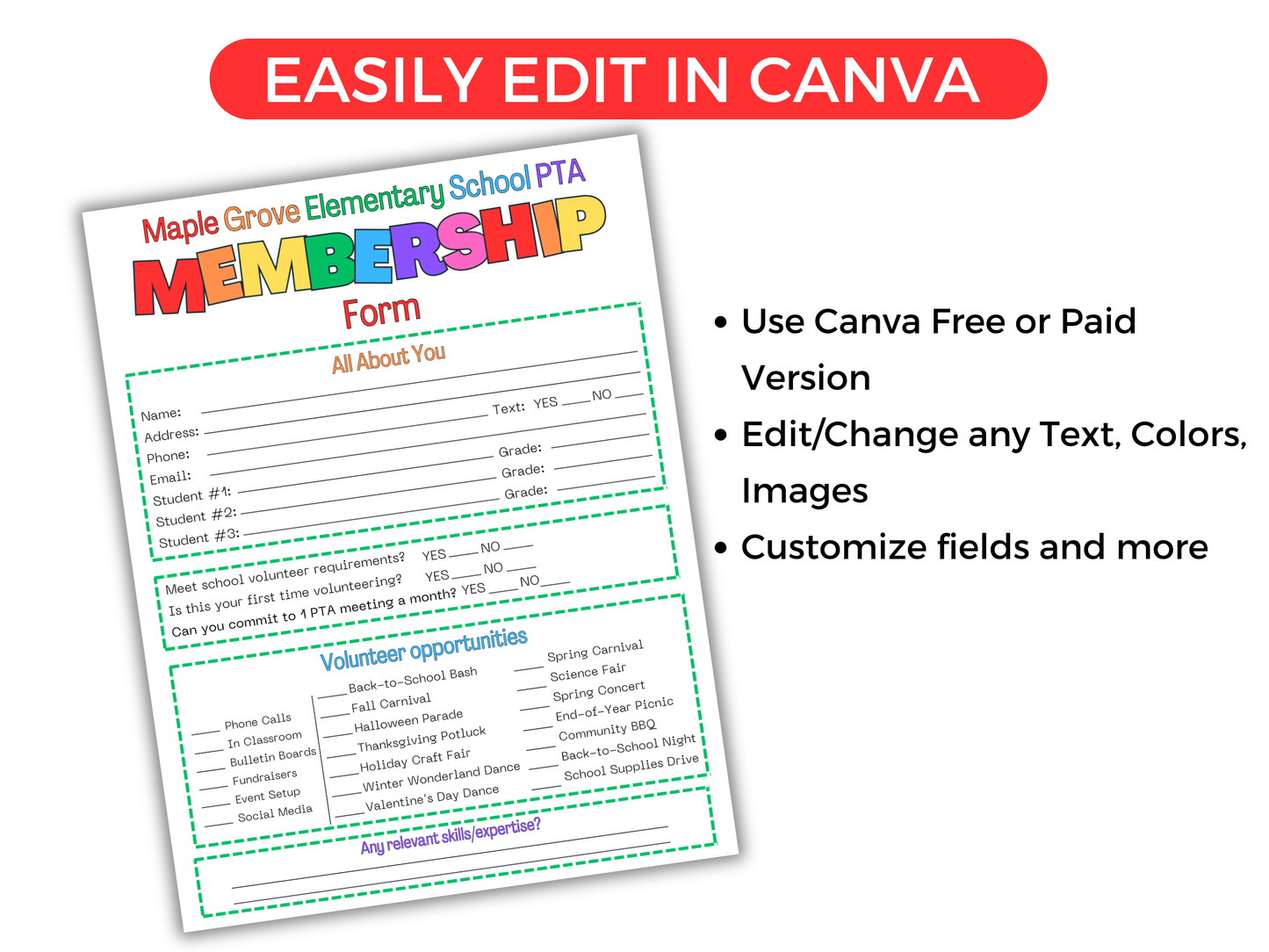 EDITABLE PTA PTO Membership Form Template