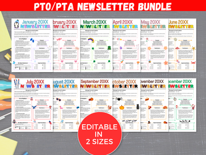 EDITABLE 12 Month PTO PTA Newsletter Template Bundle