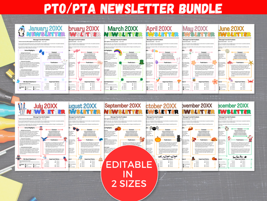 EDITABLE 12 Month PTO PTA Newsletter Template Bundle