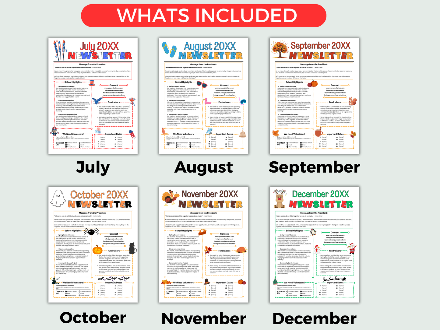 EDITABLE 12 Month PTO PTA Newsletter Template Bundle