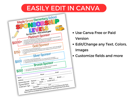 EDITABLE PTO/PTA Sponsorship Levels Flyer Template
