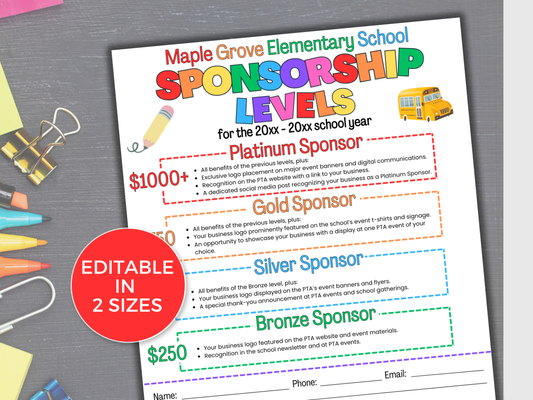 EDITABLE PTO/PTA Sponsorship Levels Flyer Template