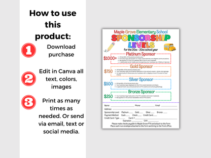 EDITABLE PTO/PTA Sponsorship Levels Flyer Template