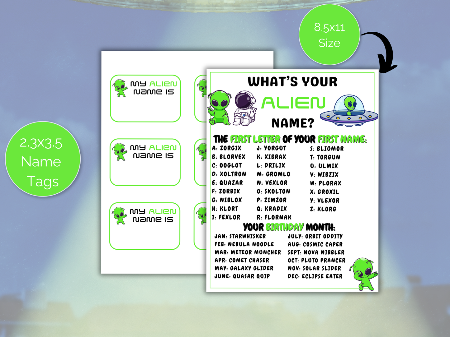 What's Your Alien Name Game + Name Tags