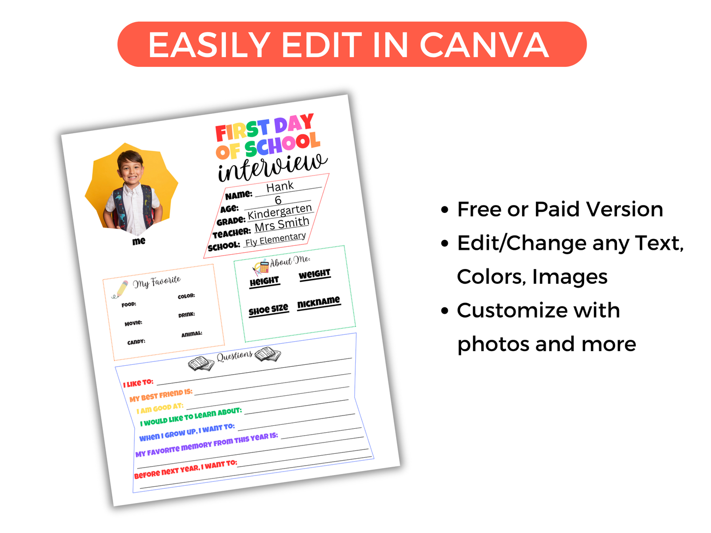 Editable All About Me First and Last Day of School