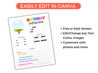 Editable All About Me Kids Birthday Interview