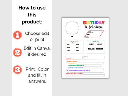 Editable All About Me Kids Birthday Interview