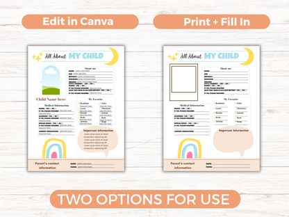 Editable All About My Child Form