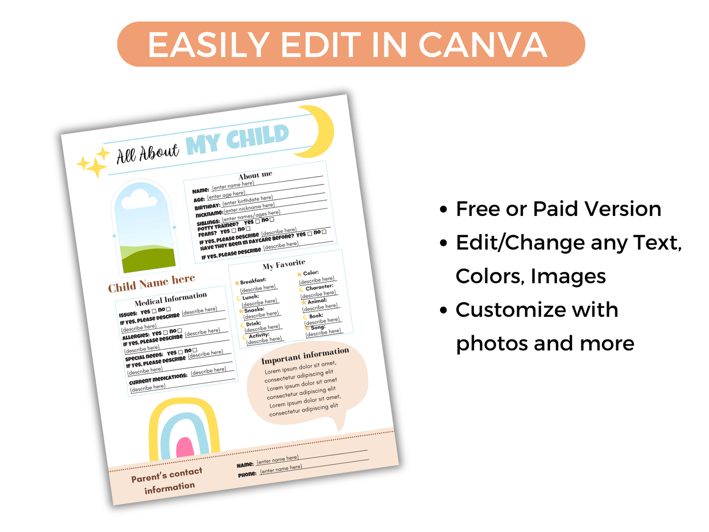 Editable All About My Child Form