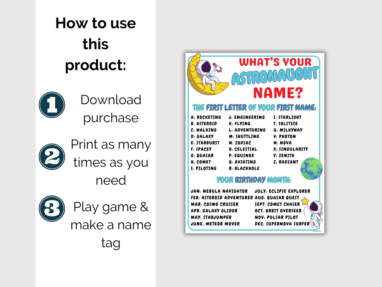 What's Your Astronaut Name Game + Name Tags