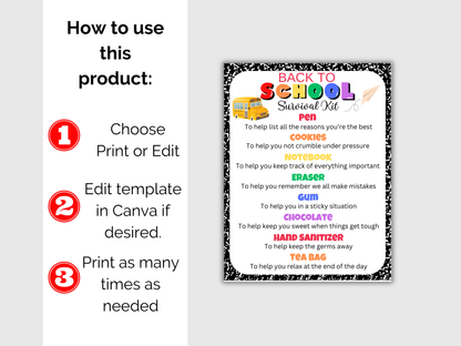 Editable Back to School Survival Kit Gift Tags