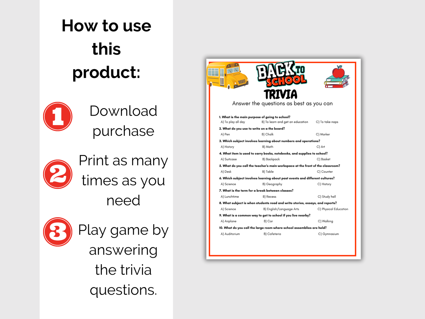 Back to School Trivia Game