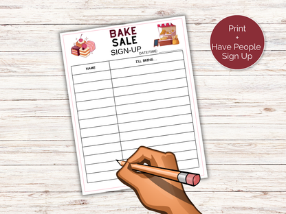 Bake Sale Sign Up Sheet