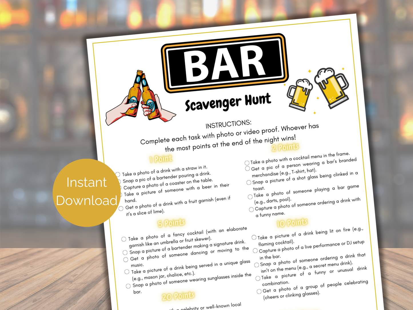Bar Crawl Scavenger Hunt