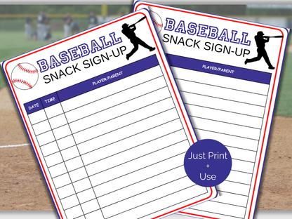 Baseball Snack Sign Up Sheet