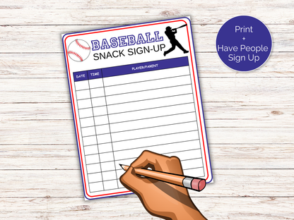 Baseball Snack Sign Up Sheet