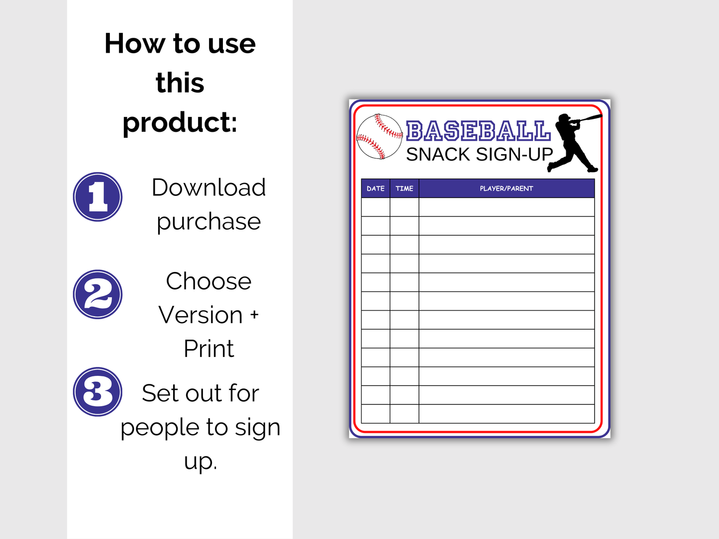 Baseball Snack Sign Up Sheet