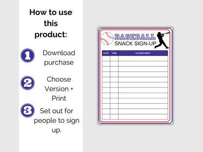 Baseball Snack Sign Up Sheet