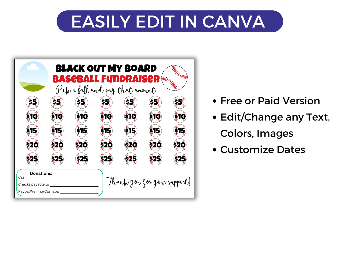 Editable Baseball Black Out My Board Fundraiser