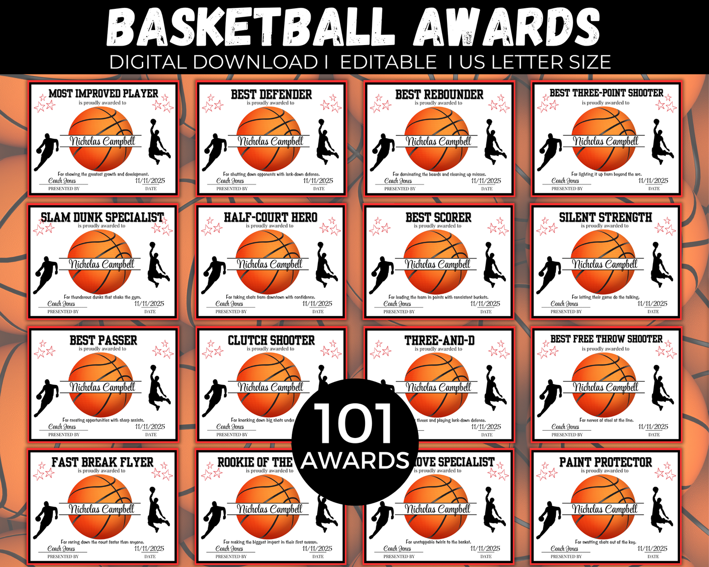 Editable Basketball Award Certificates