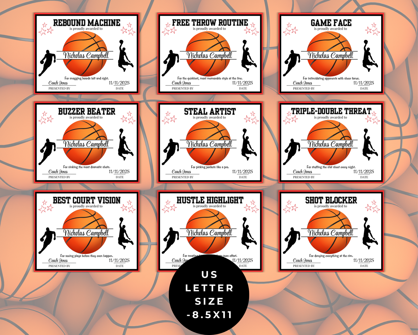 Editable Basketball Award Certificates