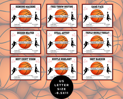 Editable Basketball Award Certificates