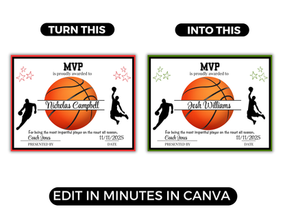 Editable Basketball Award Certificates
