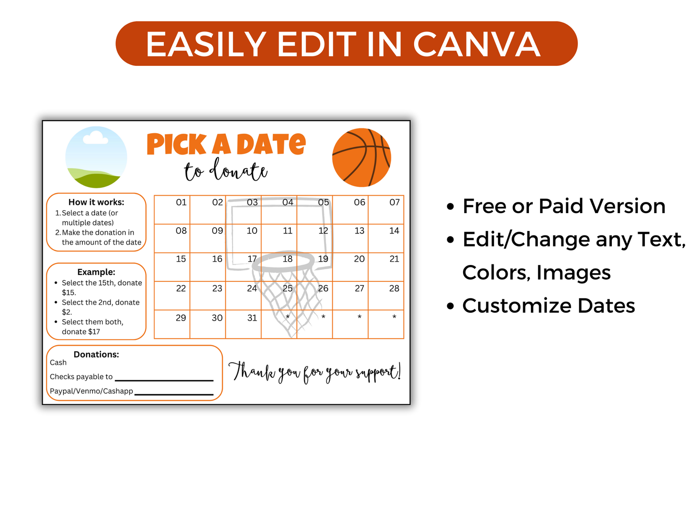 Editable Basketball Pick A Date