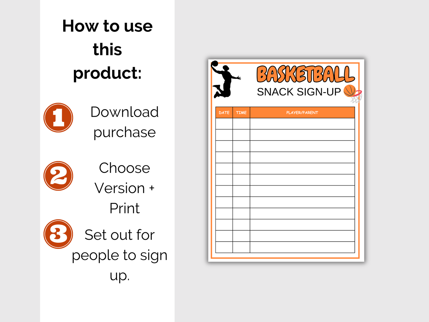 Basketball Snack Sign Up Sheet