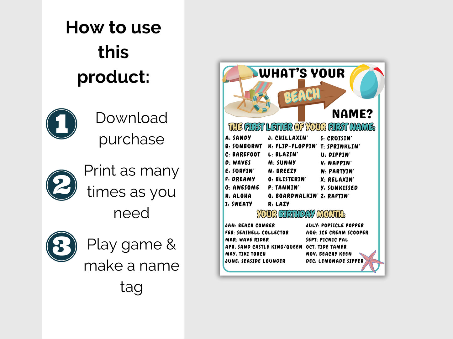 What's Your Beach Name Game + Name Tags