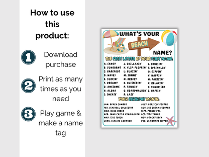 What's Your Beach Name Game + Name Tags