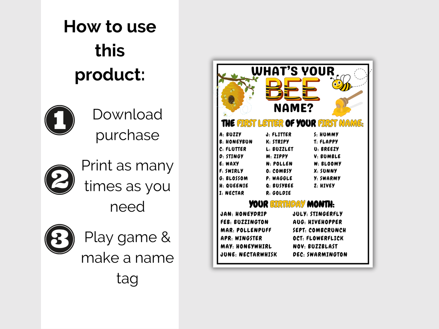 What's Your Bee Name Game + Name Tags