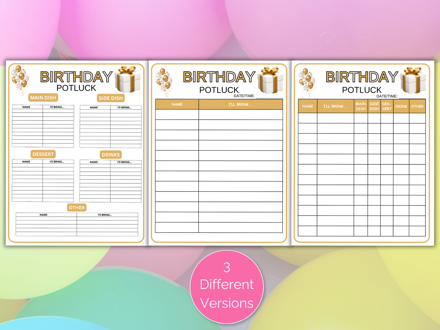 Birthday Potluck Sign Up Sheet