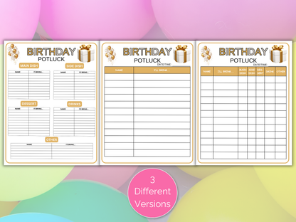 Birthday Potluck Sign Up Sheet