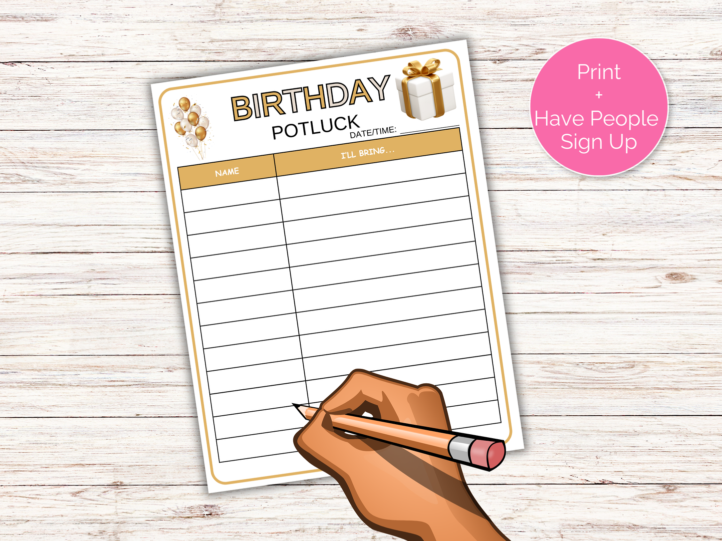 Birthday Potluck Sign Up Sheet