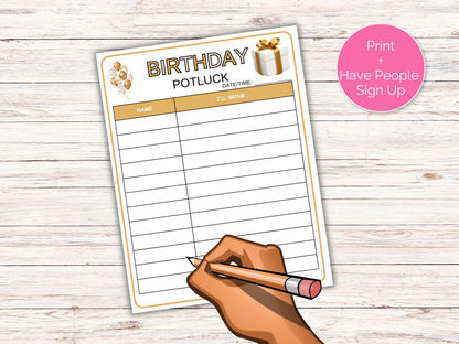 Birthday Potluck Sign Up Sheet