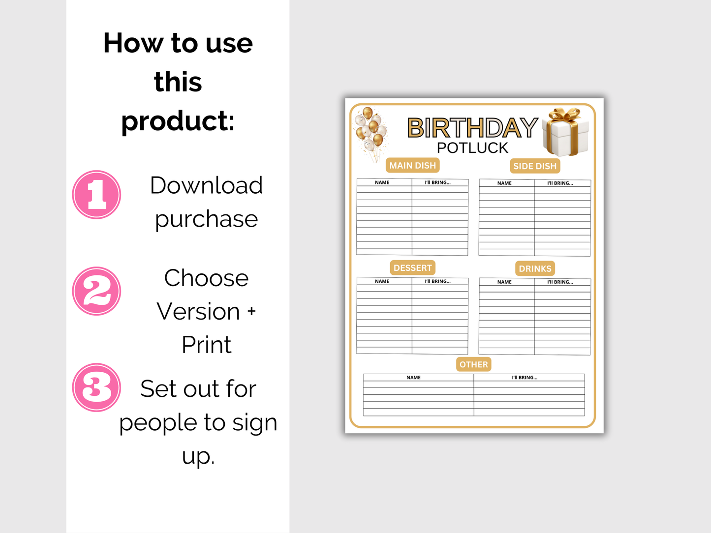 Birthday Potluck Sign Up Sheet