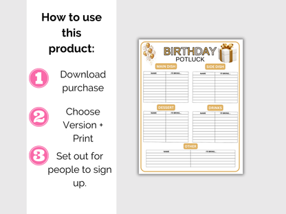 Birthday Potluck Sign Up Sheet